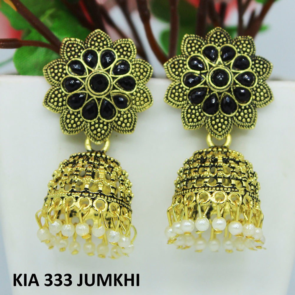 Mahavir Gold Plated Pota Stone And Beads Jhumki Earrings