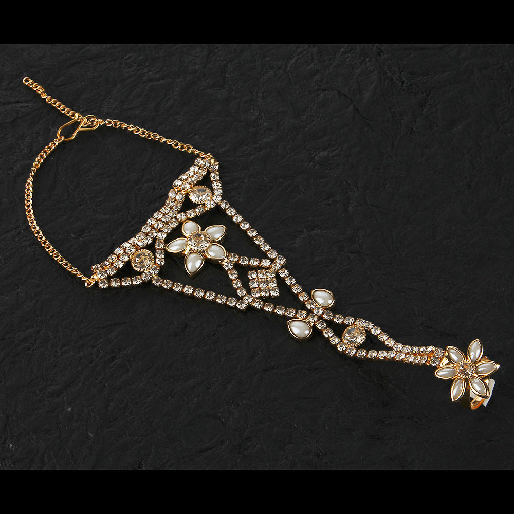 Kord Store Flower Design Ad Stone Gold Plated Hathphool For Women - KSBRC40021