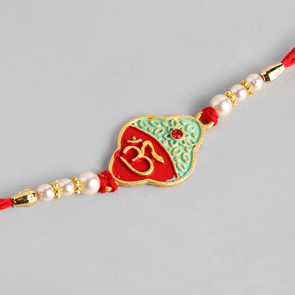 Kord Store 'Om' Design Mint Mina Ruby Stone Thread Moti Gold Finish Set Of 1 Rakhi For Brother