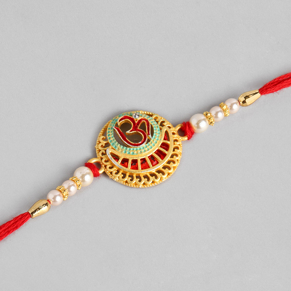 Kord Store 'Om' Design Mint Mina Thread Moti Ruby Stone Gold Finish Rakhi Set Of 1 For Brother