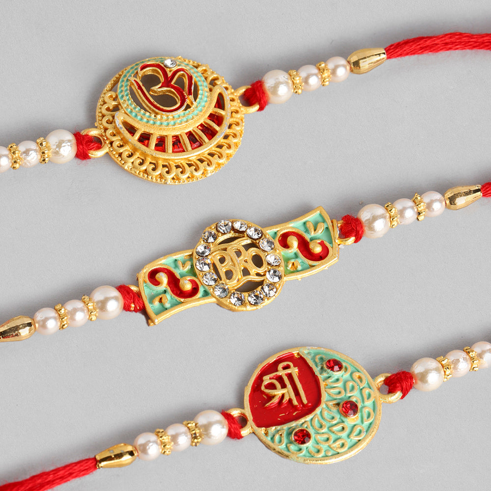 Kord Store 'Om/Shree/Bro' Design Mint Green/Ruby Mina Multi Stone Rakhi Set Of 3 For Brother