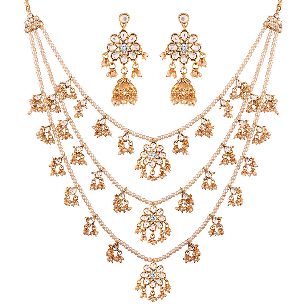 Etnico 3 Layered Multi Strand Floral Kundan & Pearl Beaded Necklace For Women/ Girls (M4094W)