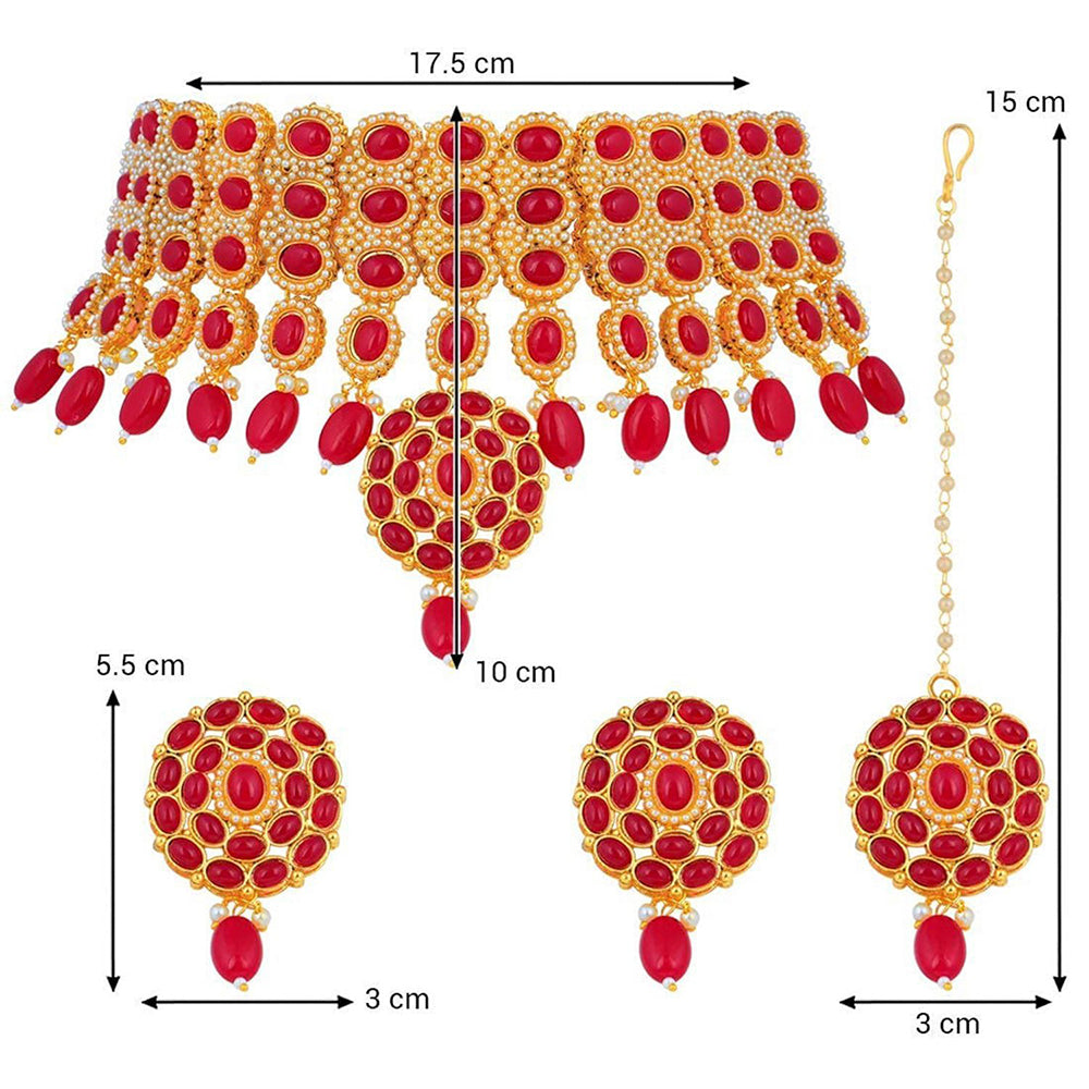 Etnico Traditional Deepika Style Red Gold Plated Bridal Pearl Choker Necklace Set with Maang Tikka for Women