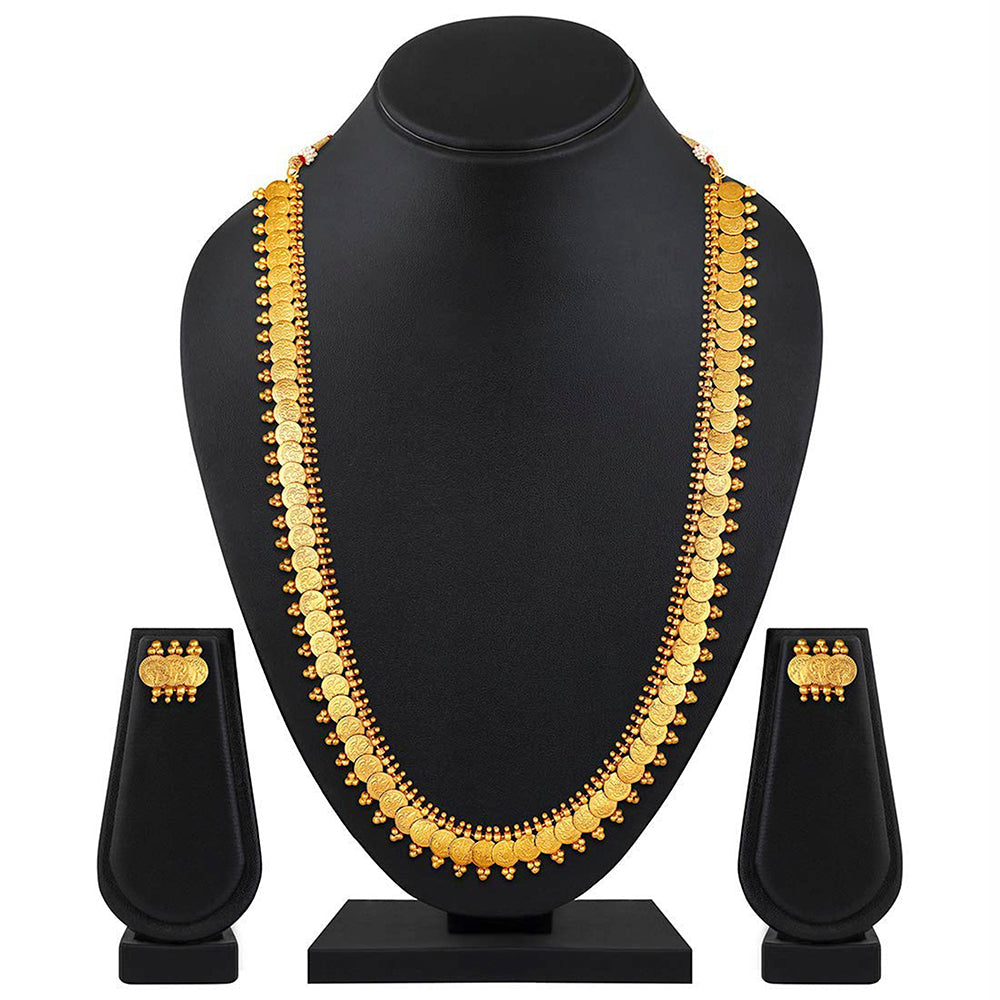 Etnico 18K Gold Plated Traditional South Indian Stylish Coin Maharani Haar Necklace With Earrings For Women & Girls (MC045)