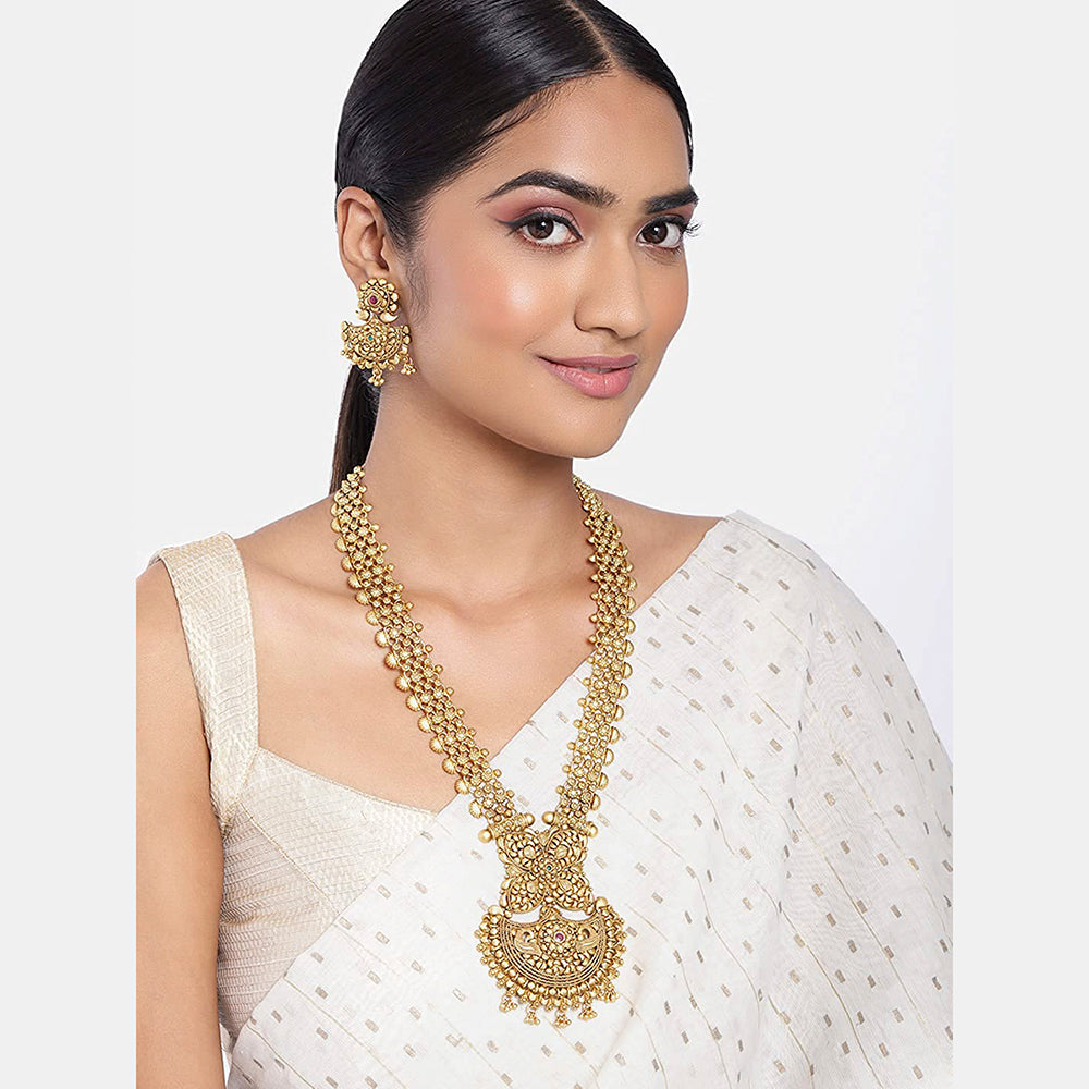 Brass Golden Rajwadi Long Chain Necklace Set