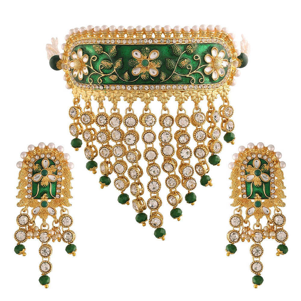 Etnico 18K Gold Plated Traditional Handcrafted Enamel/Meena Work Teeming Waterfall Of Stone Studded Choker Necklace Jewellery Set For Women/Girls (ML123G)