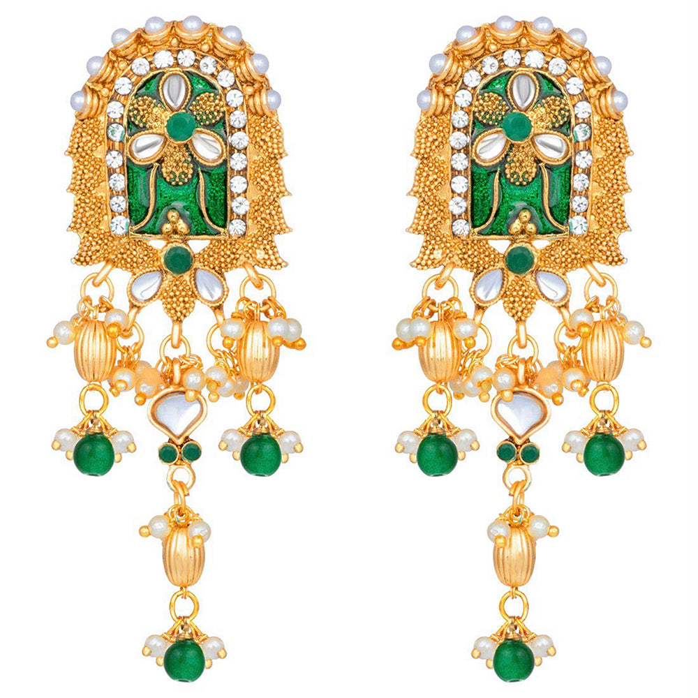 Etnico 18K Gold Plated Traditional Pearl Beaded Multi Strand Meena Work Long Necklace Jewellery Set & Earrings Set For Women (ML181G)