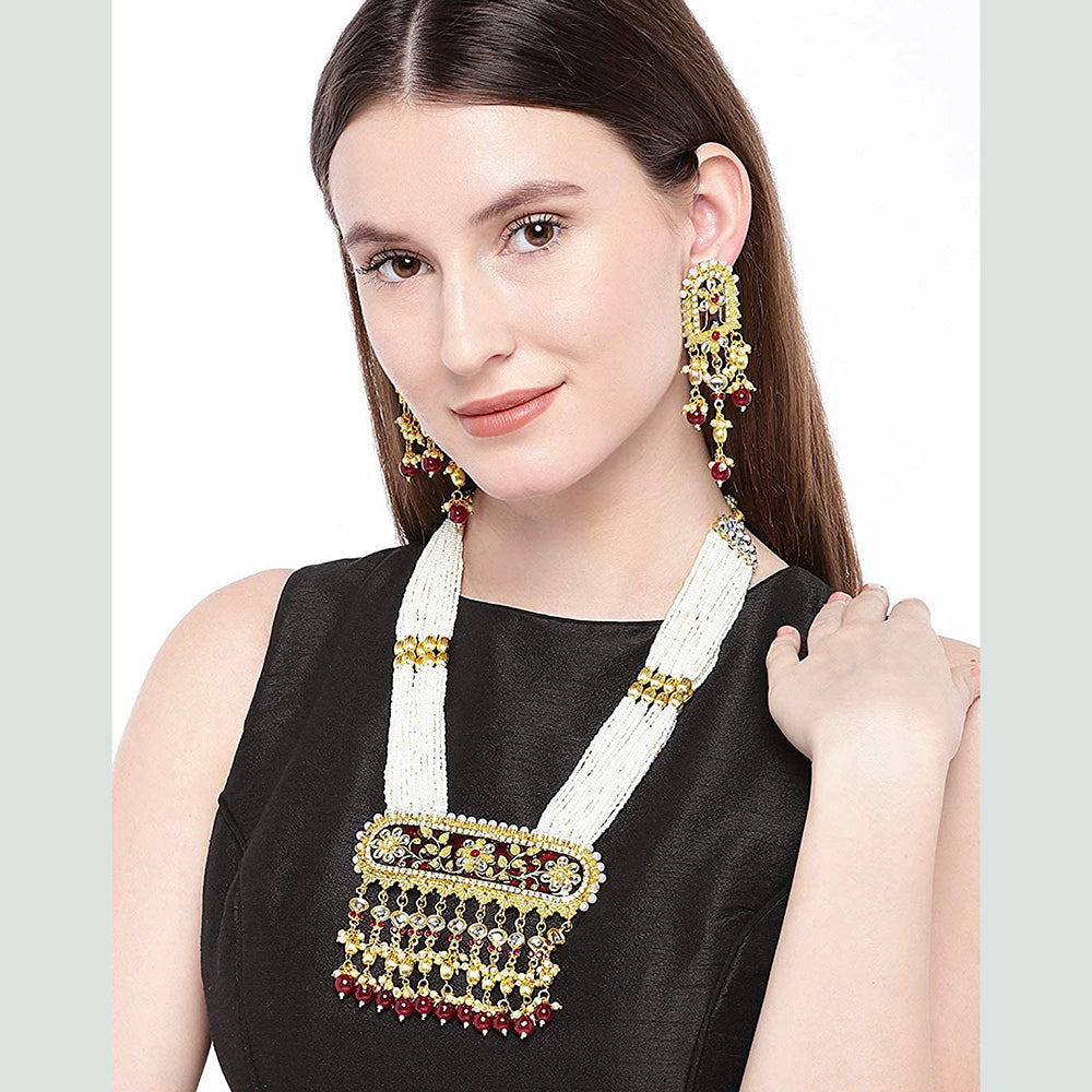 Etnico 18K Gold Plated Traditional Pearl Beaded Multi Strand Meena Work Long Necklace Jewellery Set & Earrings Set For Women (ML181M)