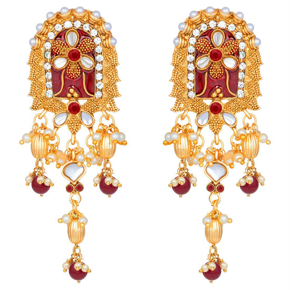 Etnico 18K Gold Plated Traditional Pearl Beaded Multi Strand Meena Work Long Necklace Jewellery Set & Earrings Set For Women (ML181M)