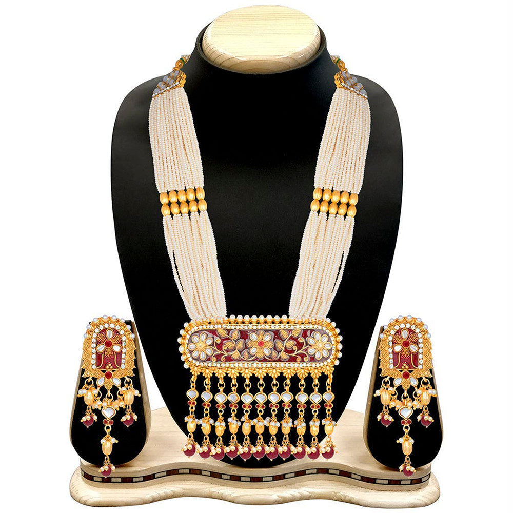 Etnico 18K Gold Plated Traditional Pearl Beaded Multi Strand Meena Work Long Necklace Jewellery Set & Earrings Set For Women (ML181M)