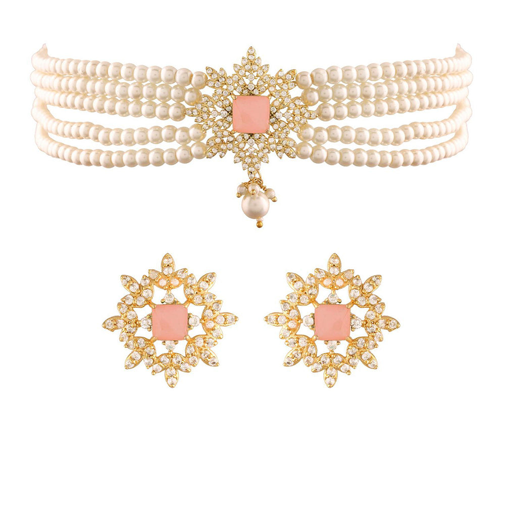Etnico 18K Gold Plated Traditional CZ Crystal Stone with Pearl Choker Necklace Jewellery Set for Women/Girls (ML261Pi)