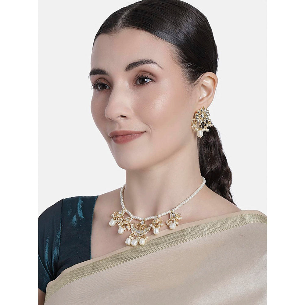 Etnico18k Gold Plated White Pearl Moti Mala Necklace Jewellery Set for