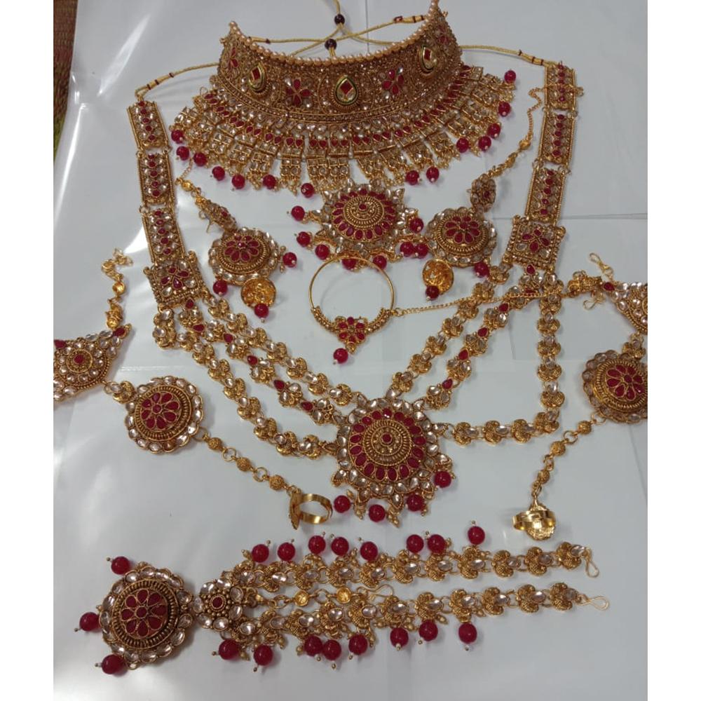 Neetu Art Gold Plated Red Stone And Kundan Bridal Jewellery Set for Women - NABridal21