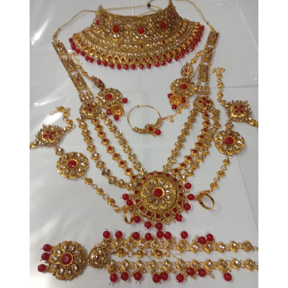 Neetu Art Gold Plated Red Stone And Kundan Bridal Jewellery Set for Women - NABridal23