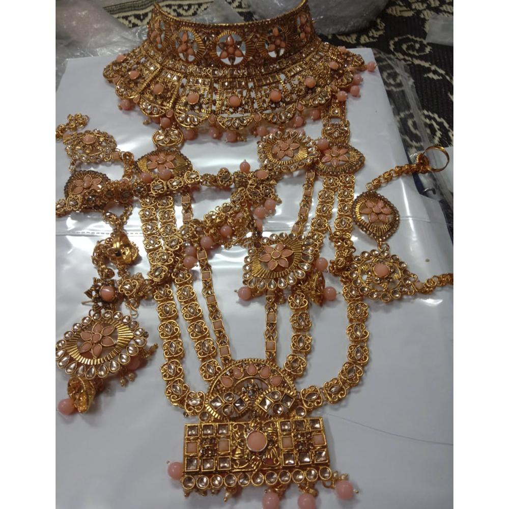 Neetu Art Gold Plated Peach Stone And Kundan Bridal Jewellery Set for Women - NABridal28