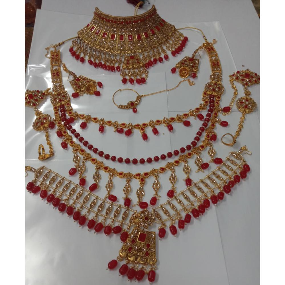 Neetu Art Gold Plated Red Stone And Kundan Bridal Jewellery Set for Women - NABridal32