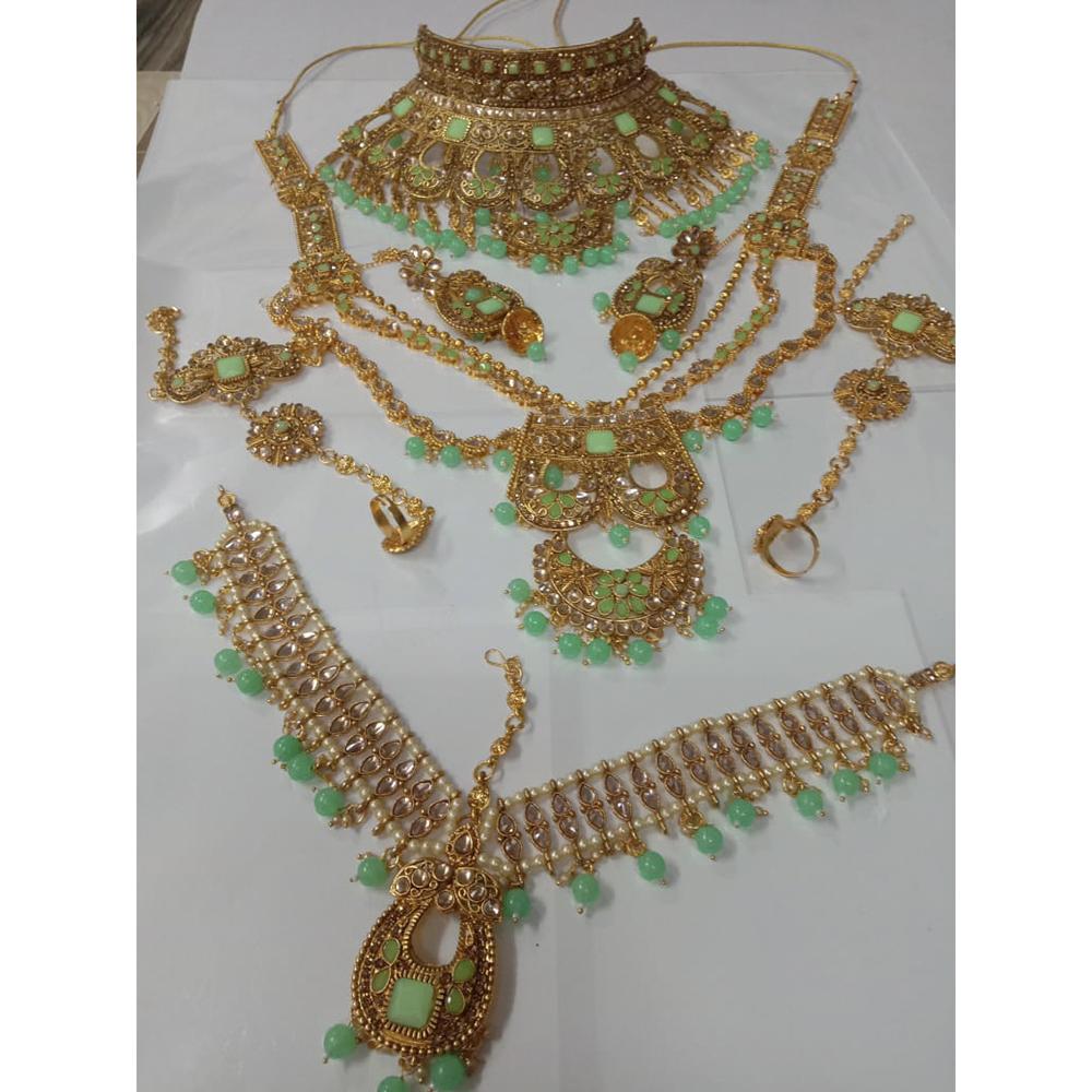 Neetu Art Gold Plated Green Stone And Kundan Bridal Jewellery Set for Women - NABridal33