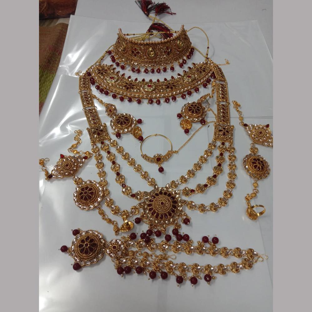Neetu Art Gold Plated Maroon Stone And Kundan Bridal Jewellery Set for Women - NABridal34