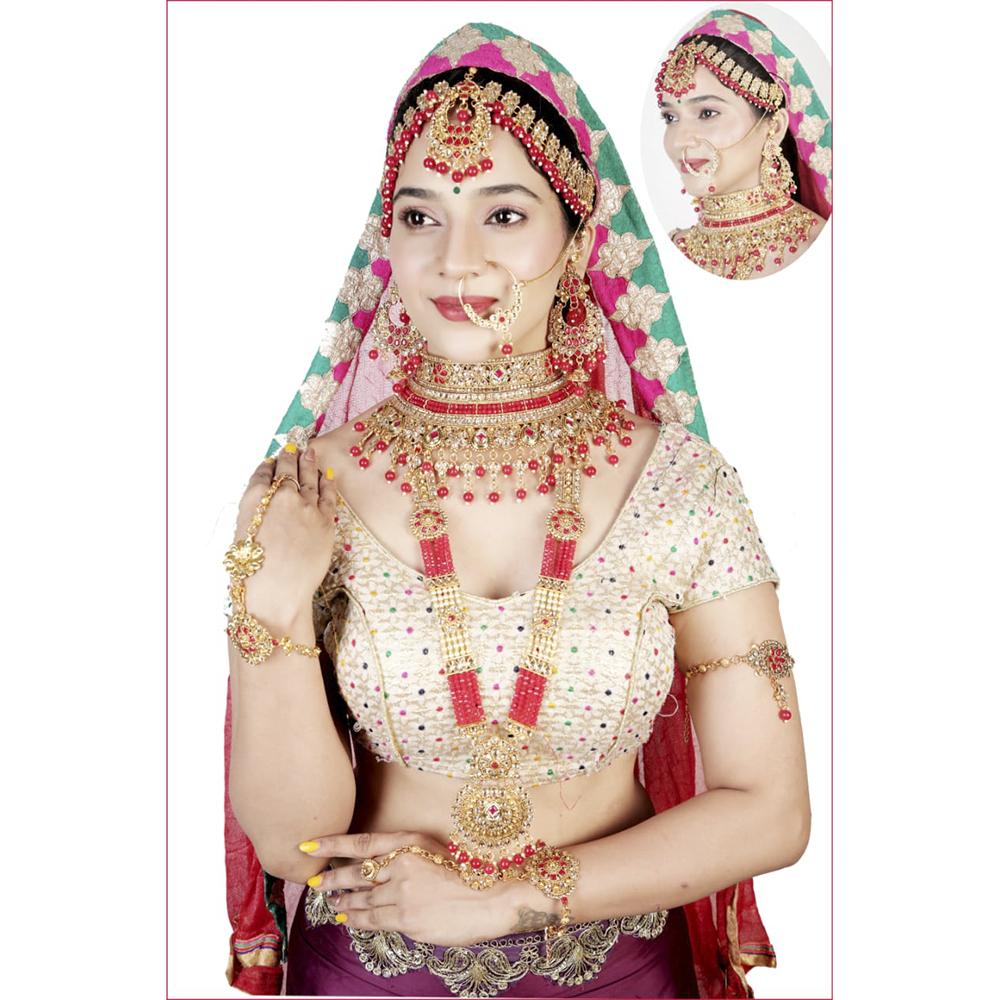 Neetu Art Gold Plated Red Stone And Kundan Bridal Jewellery Set for Women - NABridal40