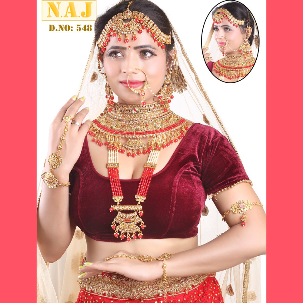 Neetu Art Gold Plated Red Stone And Kundan Bridal Jewellery Set for Women