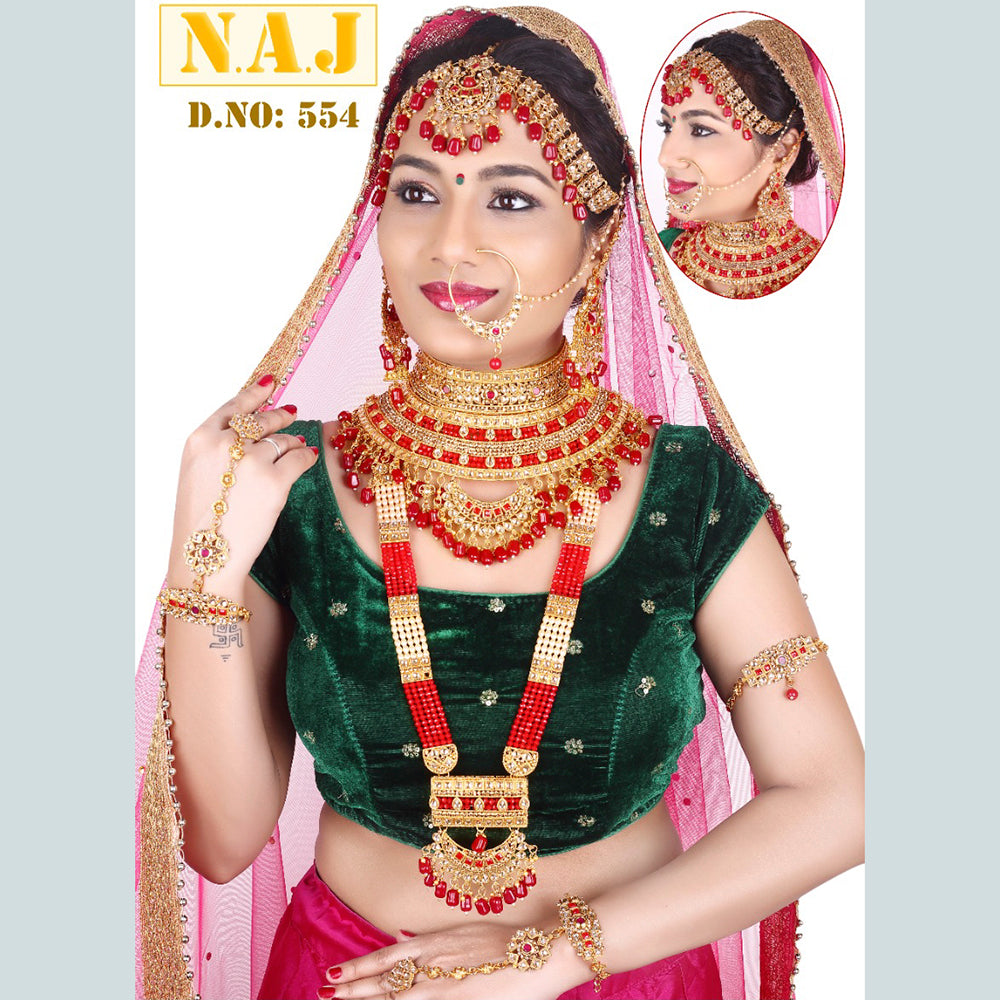 Neetu Art Gold Plated Red Stone And Kundan Bridal Jewellery Set for Women