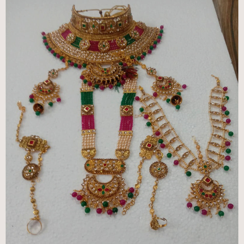 Neetu Art Gold Plated Pink & Green Stone And Kundan Bridal Jewellery Set for Women - NABridal56