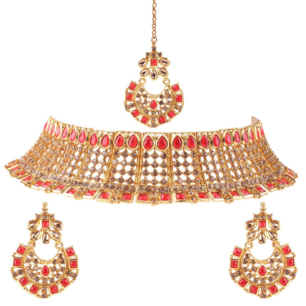 Neetu Art Gold Plated Austrian Stone Red Choker Necklace Set With Maangtikka