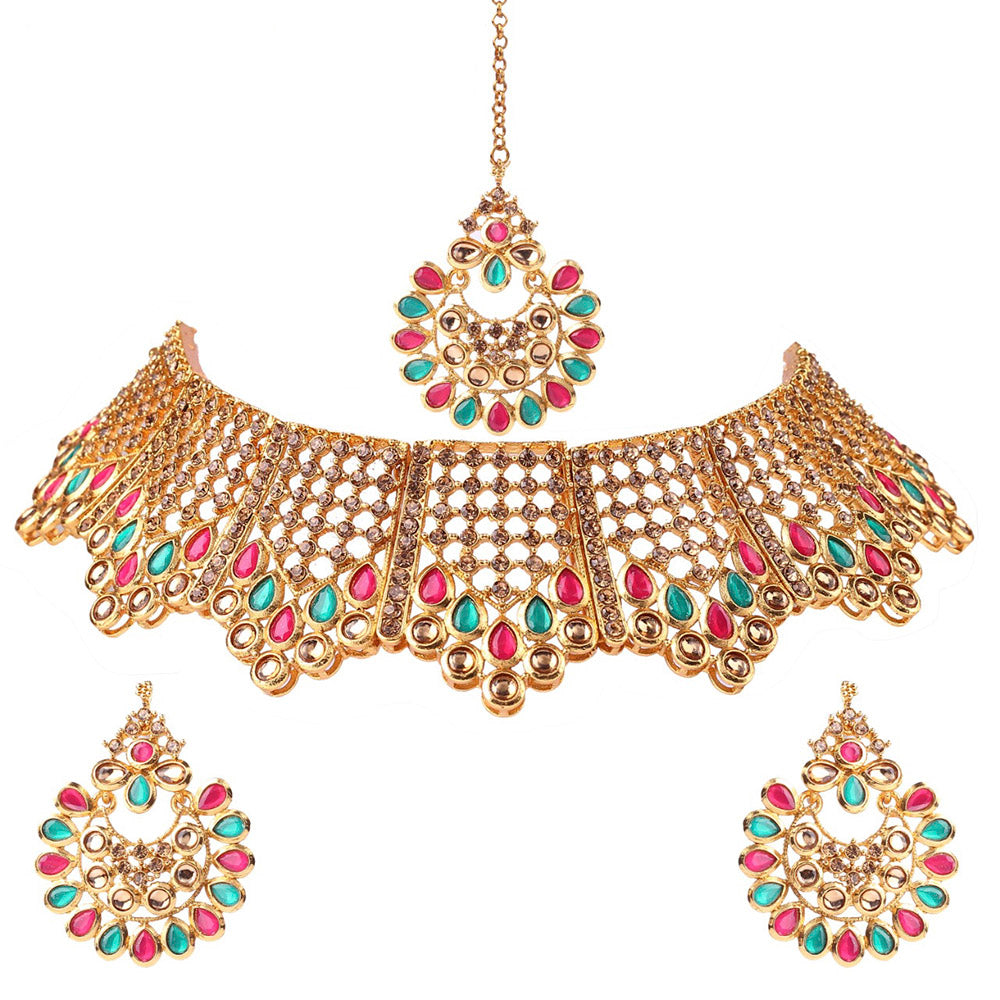 Neetu Art Gold Plated Austrian Stone Red & GreenChoker Necklace Set With Maangtikka