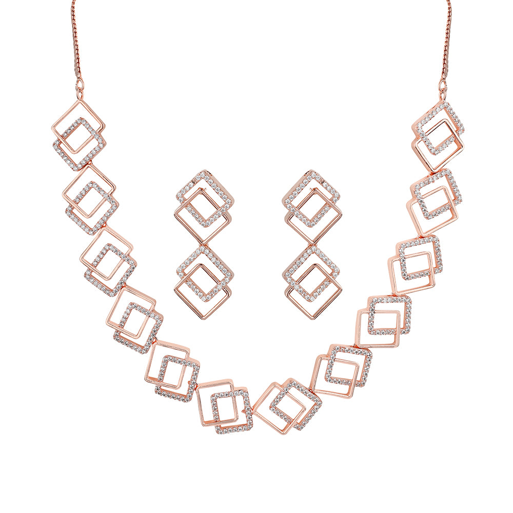 Kord Store Sporty Look American Diamond Rose Gold Plated Necklace Set For Women