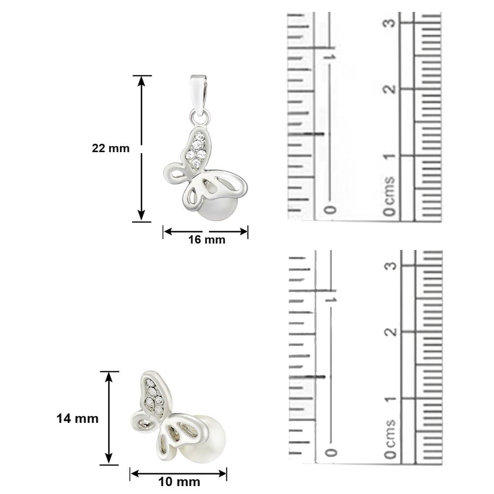 Mahi Rhodium Plated White Artificial Pearl Butterfly Pendant Set
