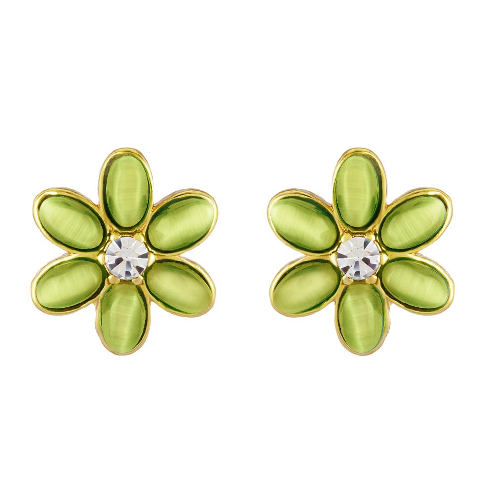 Mahi Monalisa Cats Eye Light Green Flower Gold Plated Necklace Set for Women