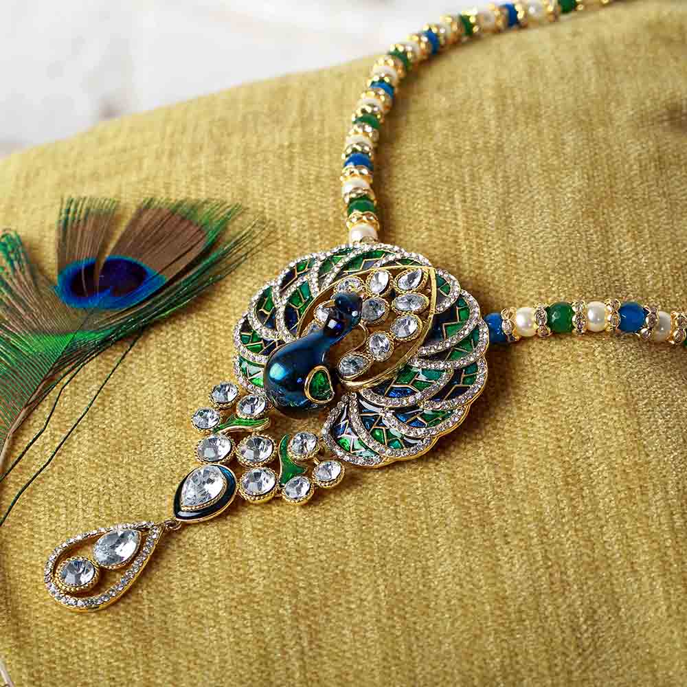 Mahi Crystal Pearl Blue Green Ethnic Peacock Pendant for Women