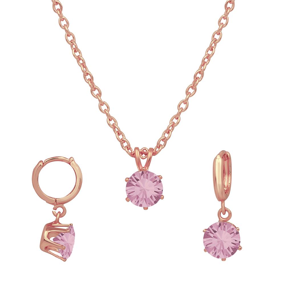 Mahi Rose Gold Plated Solitaire Pink Round Crystal Pendant Set for Wom