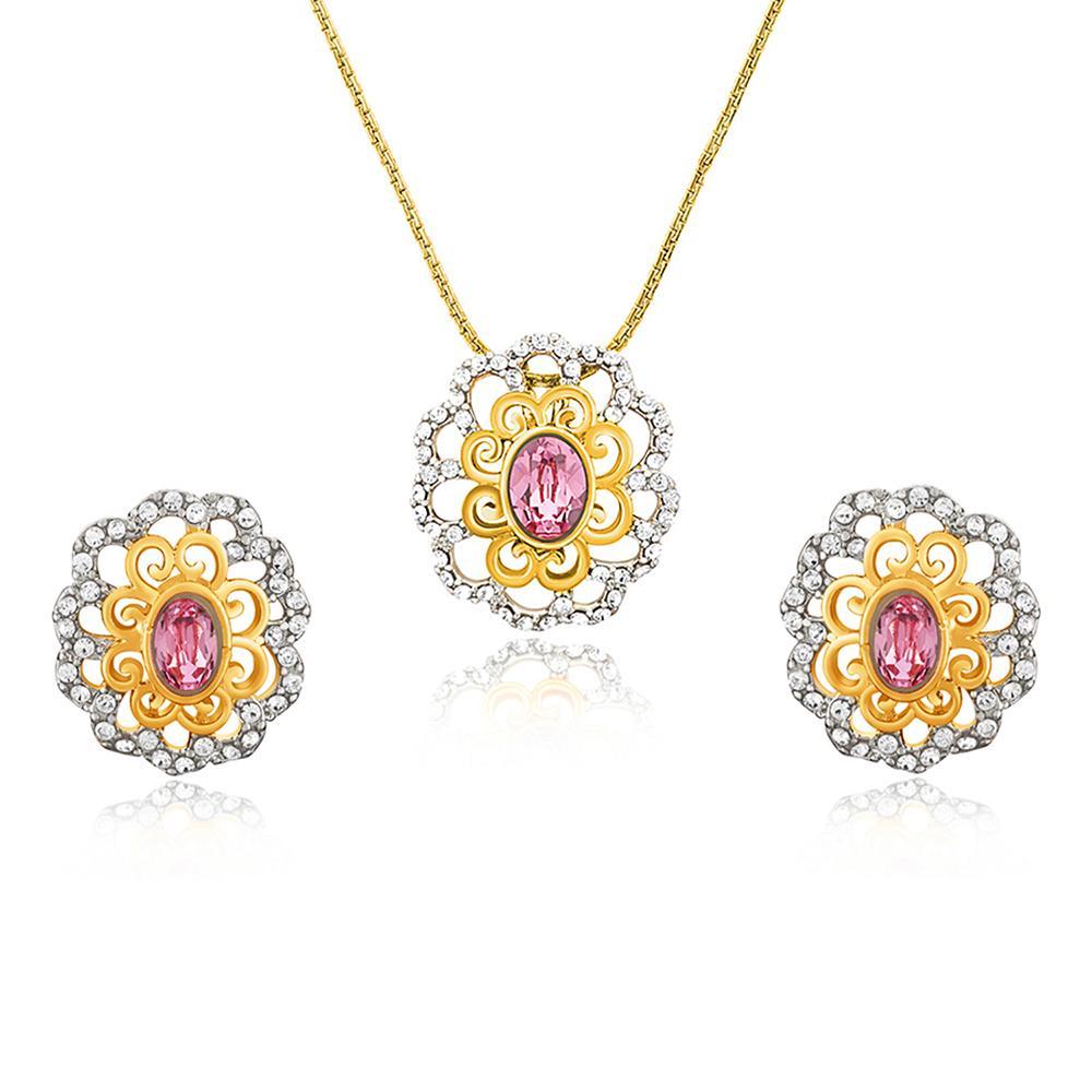 Mahi Gold plated Pink Paradise Flower Pendant Set Made with Swarovski Crystal for Women