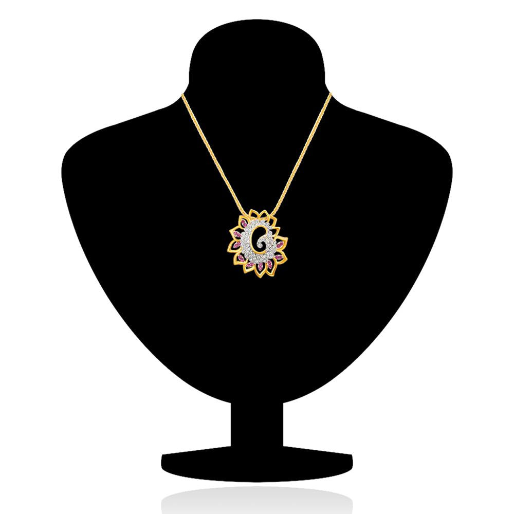 Mahi Gold plated Pink Shimmering Dahlia Flower Pendant Set Made with Swarovski Crystal for Women