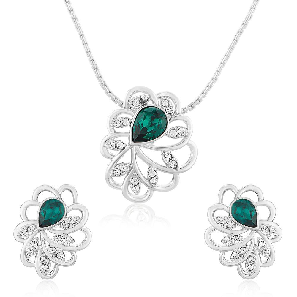 Mahi Rhodium plated Green Marigold Flower Pendant Set Made with Swarovski Crystal for Women