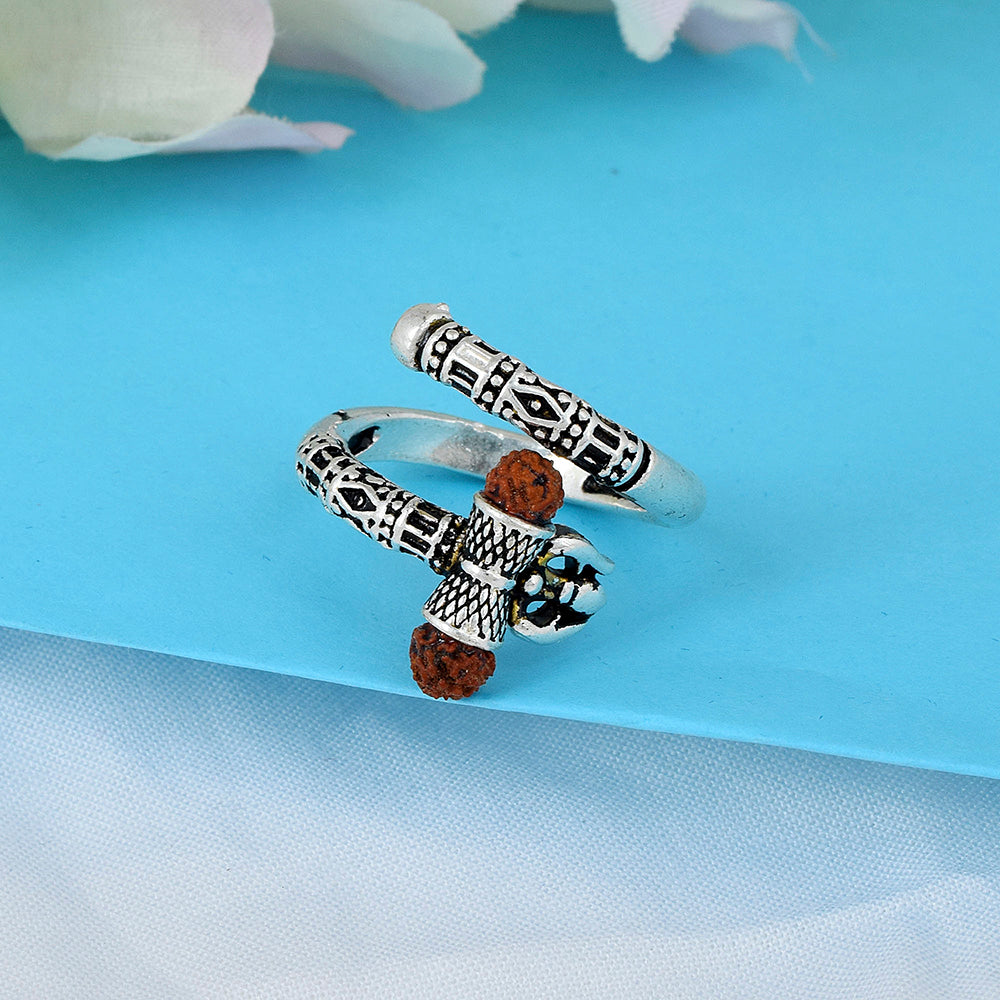Missmister Pack Of 12 Oxidised Silver Plated Free Size Rudraksh Ring - ORKL0683