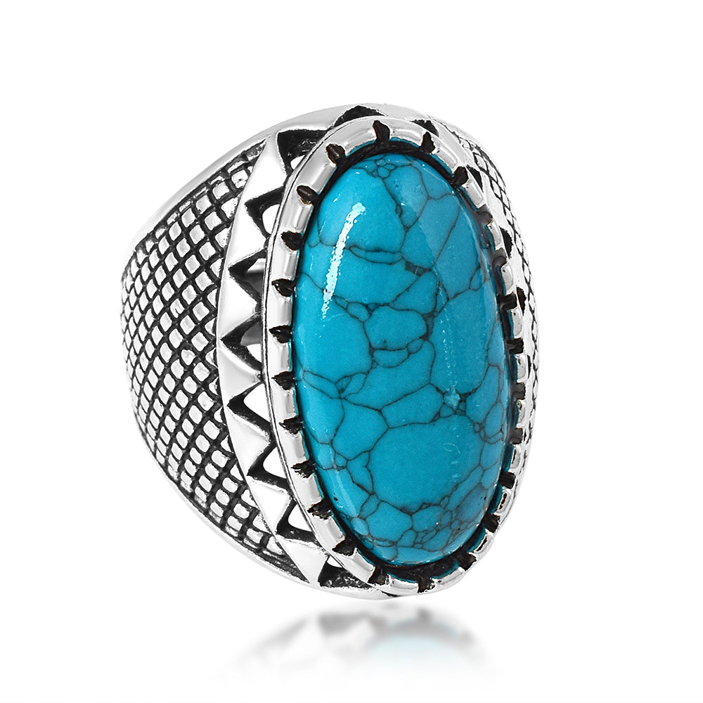 Missmister Pack Of 12 Silver Plated Big Oval Turquoise Firoza Ring - ORNI8189
