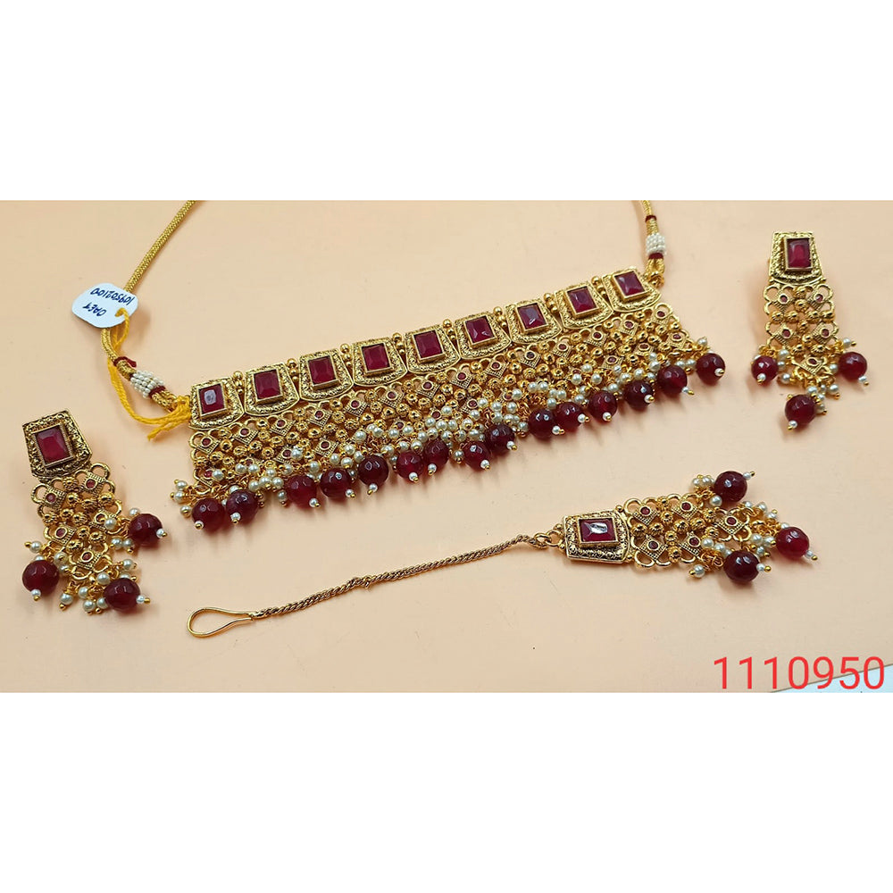 Padmawati Bangles Maroon Stone & Pearl Copper Necklace Set