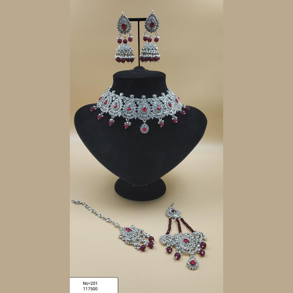 Padmawati Bangles Silver Plated White And Red Austrian Stone Necklace Set With Maang Tikka - PBNECK84