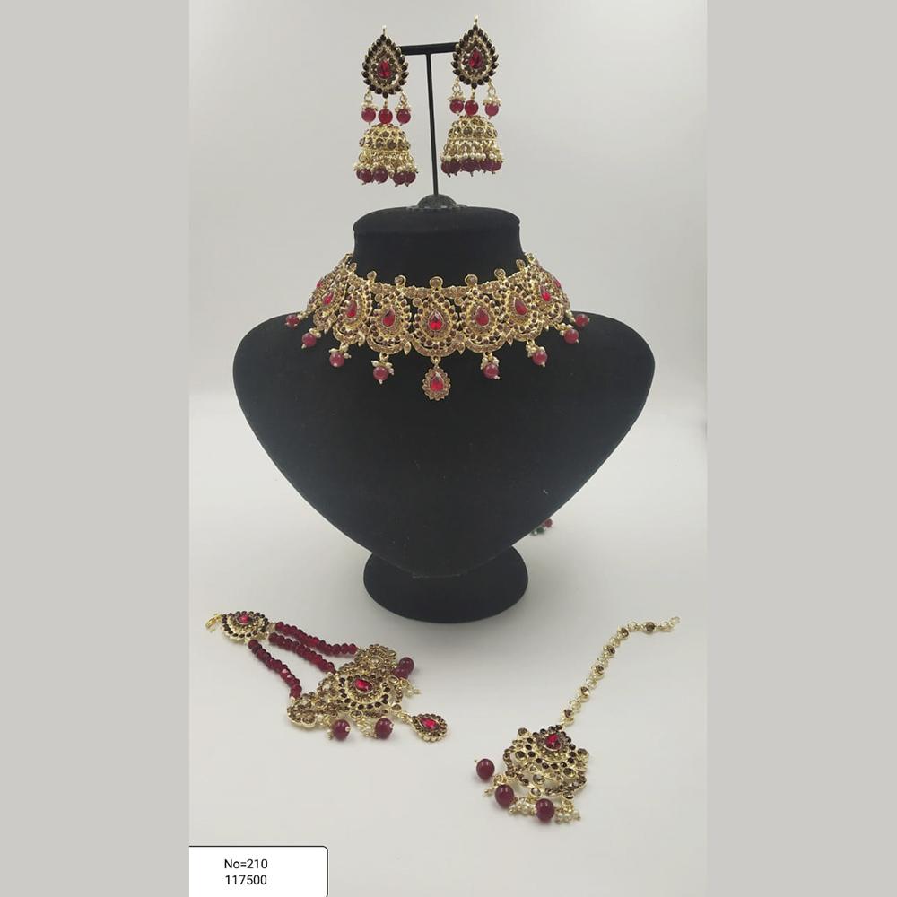 Padmawati Bangles Gold Plated Red And Brown Austrian Stone Necklace Set With Maang Tikka - PBNECK95