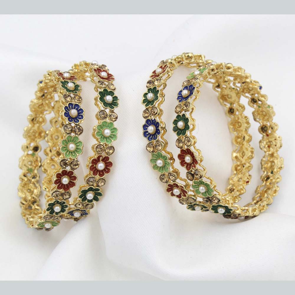 Pooja Bangles Gold Plated Multi Meenakri &  Pearl Bangles Set