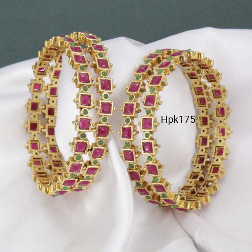 Pooja Bangles Gold Plated Pink & Green Kundan Stone Bangles Set