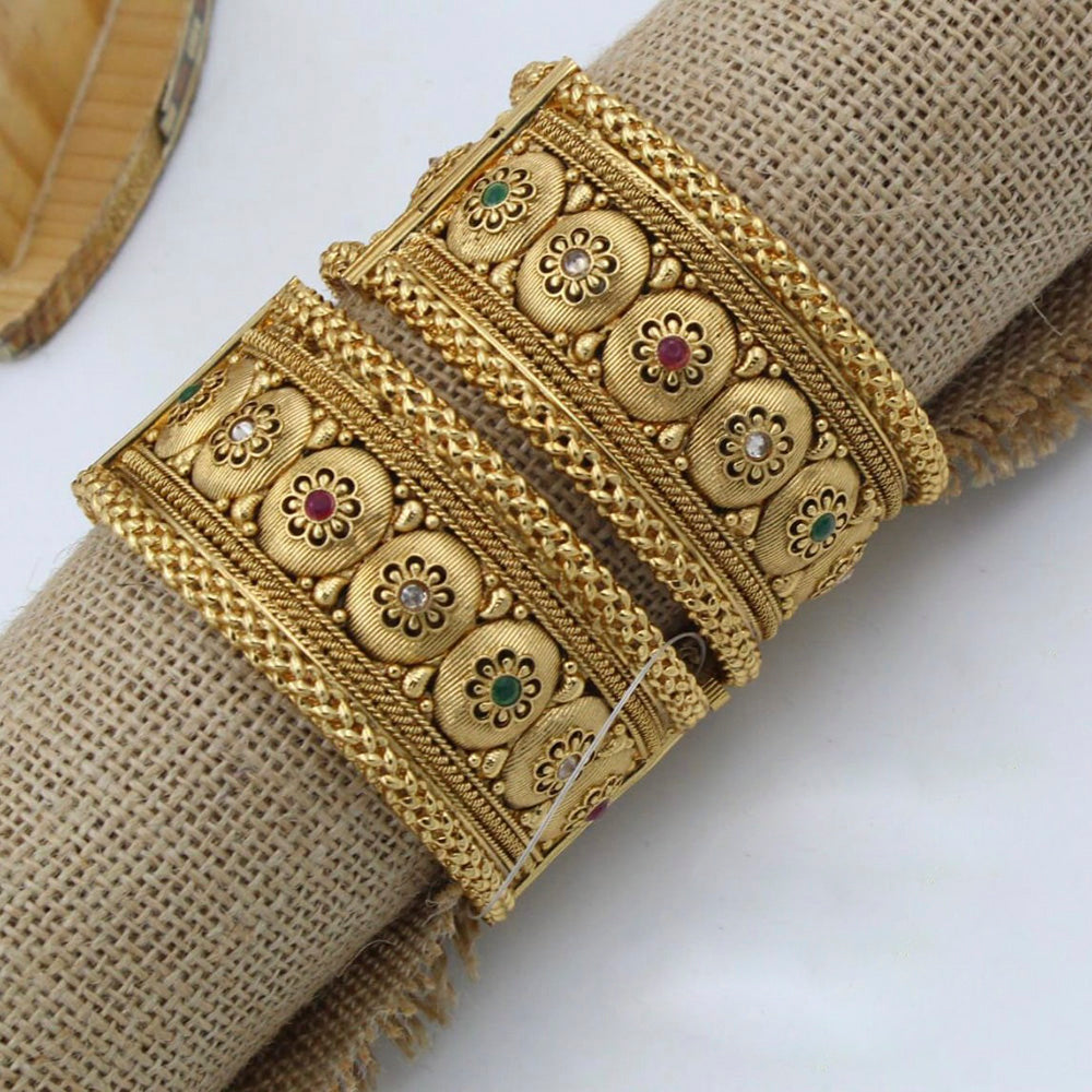 Pooja Bangles Gold Plated Pink & Green Pota Stone Bangles Set