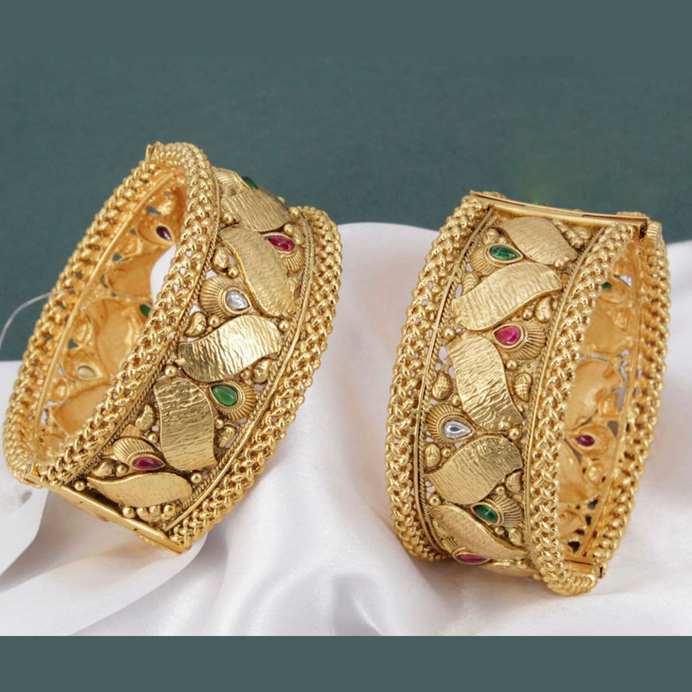 Pooja Bangles Gold Plated Pink & Green Pota Stone Bangles Set