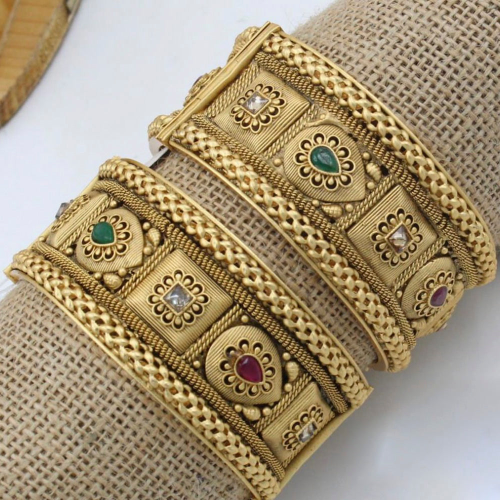 Pooja Bangles Gold Plated Pink & Green Pota Stone Bangles Set