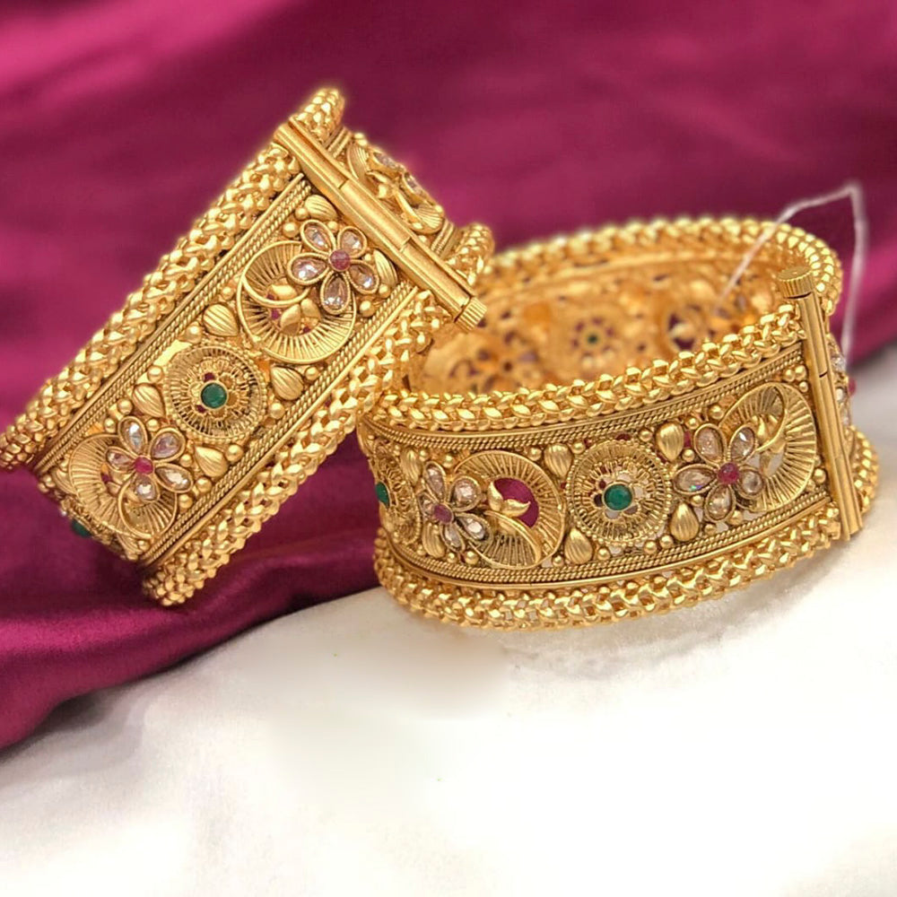 Pooja Bangles Gold Plated Pink & Green Pota Stone Bangles Set