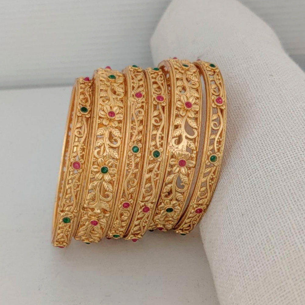 Pooja Bangles Gold Plated Pink & Green Pota Stone Bangles Set
