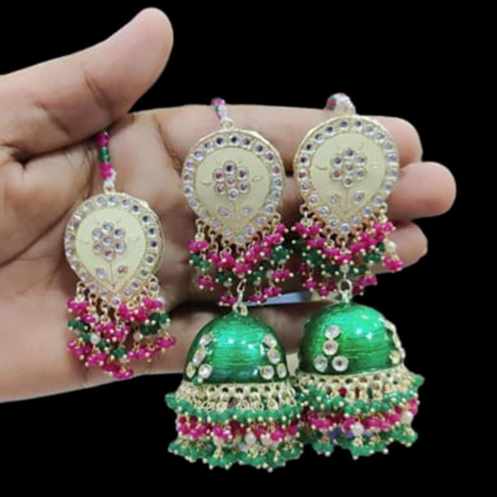 Pooja Bangles Kundan Stone & Meenakari Jhumki Earrings With Maang Tikka