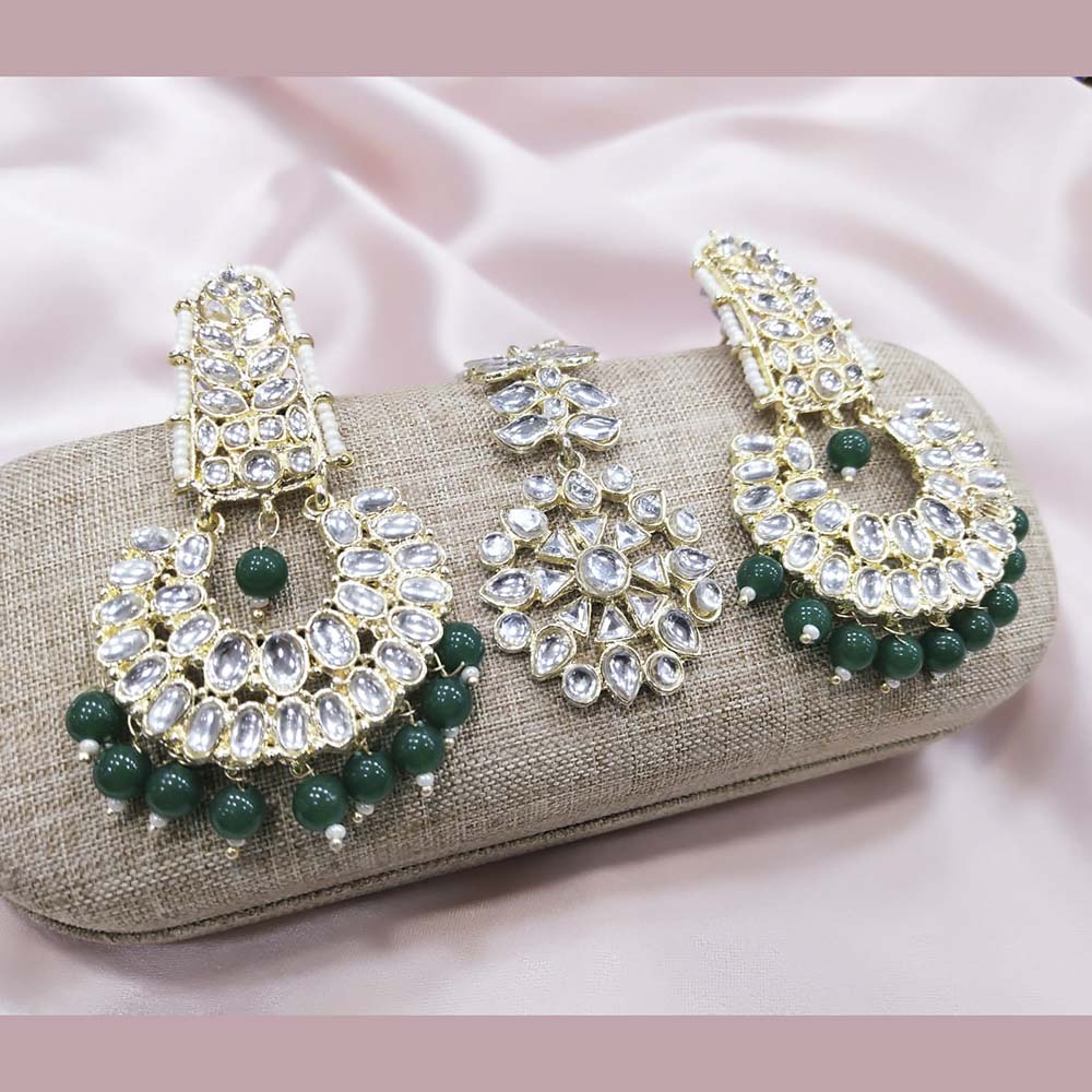 Pooja Bangles Kundan Stone & Beads Dangler Earrings With Maang Tikka